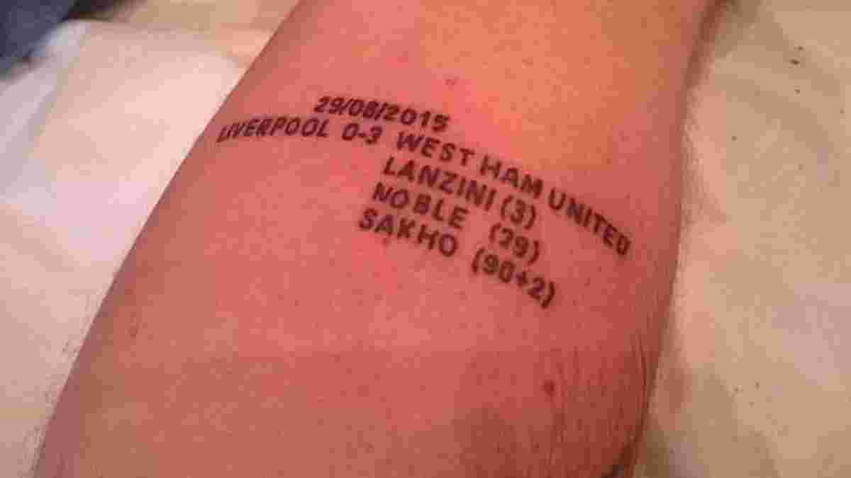Фанат "Вест Хэма" сделал татуировку по случаю победы над "Ливерпулем" (ФОТО)