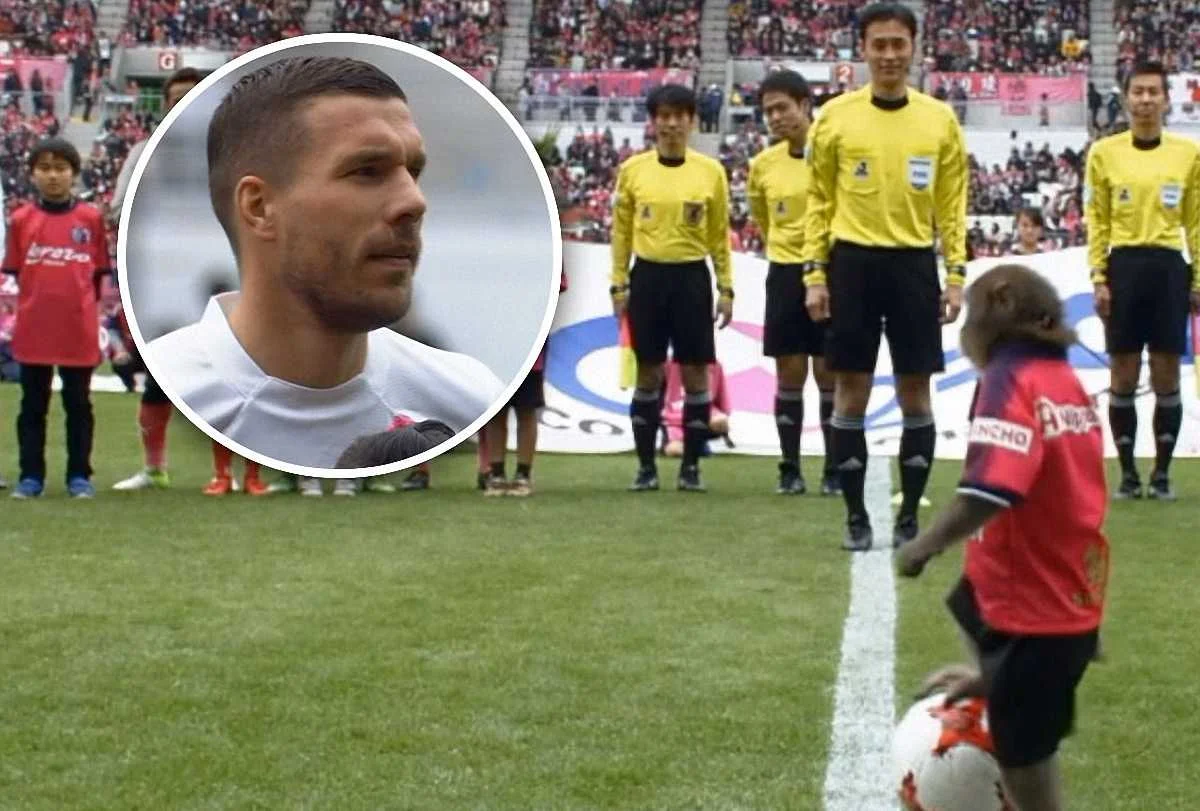 Лукас Подольски и обезьяна перед матчем