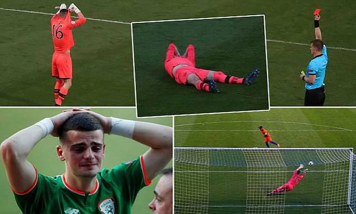 Голкіпера збірної Ірландії вилучили у чвертьфіналі Євро-2018 після відбитого післяматчевого пенальті / фото Daily Mail