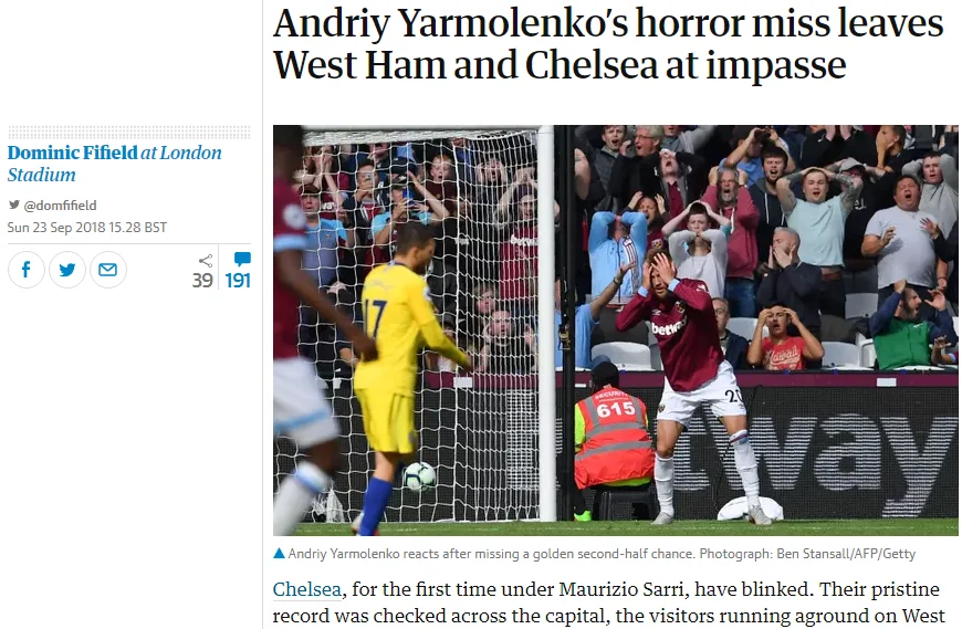 Андрій Ярмоленко, Вест Хем, Челсі, промах, англійські ЗМІ 