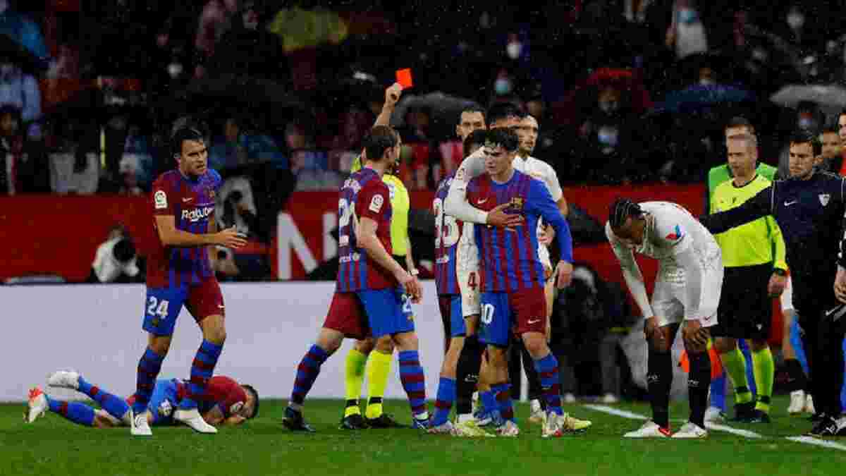 Севілья – Барселона: Кунде отримав червону картку за кидок м'яча в обличчя Альбі – відео брутального вилучення
