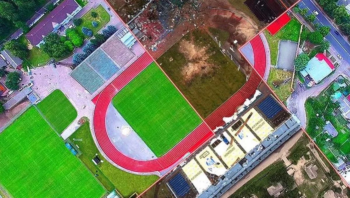 Стадион им. Ю. Гагарина до и после разрушений / Сайт Министерства молодежи и спорта