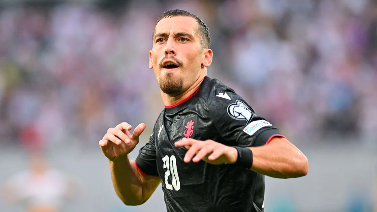 Ніка Гагнідзе святкує гол за збірну Грузії / Levan Verdzeuli/Getty Images